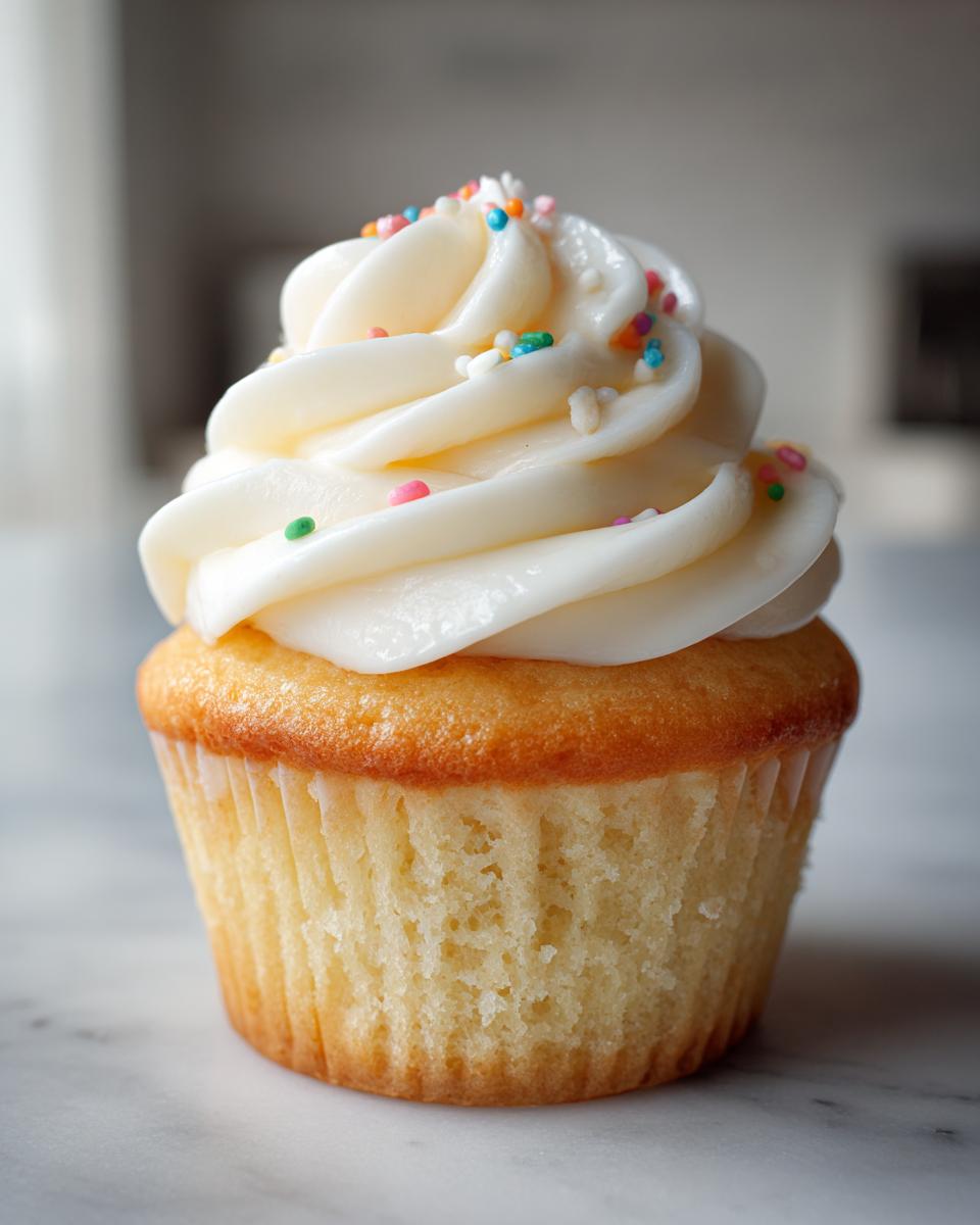 A perfectly baked homemade vanilla cupcake topped with swirls of white frosting and colorful sprinkles.