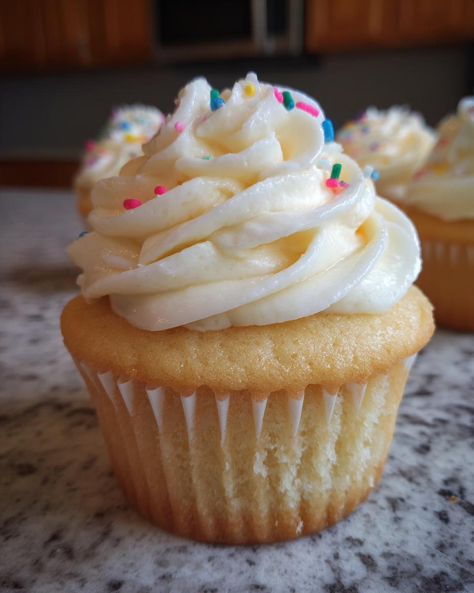 Close-up of a fluffy homemade vanilla cupcake topped with swirls of white frosting and colorful sprinkles.