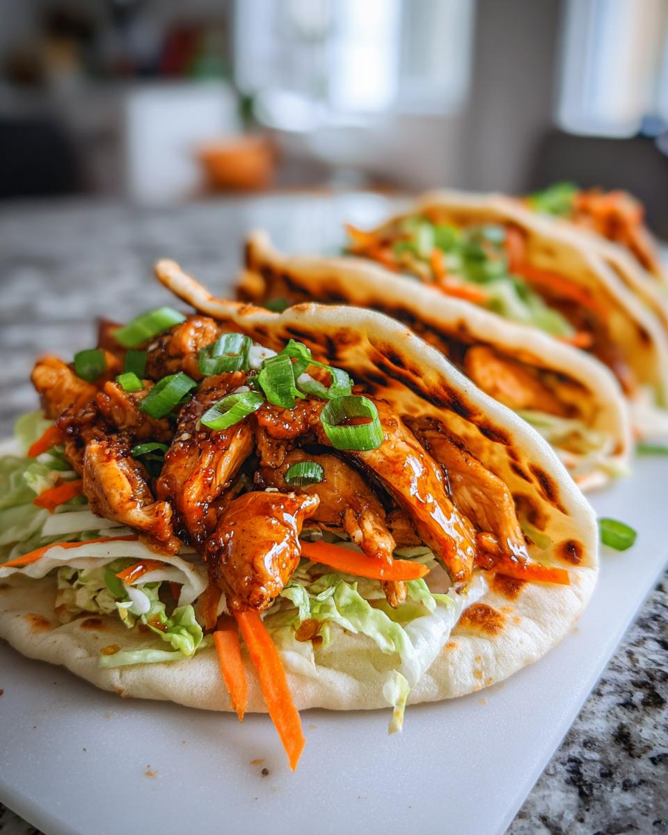 Sweet Honey Garlic Naan Chicken Tacos Win 4 Close-up of delicious Honey Garlic Naan Chicken Tacos filled with shredded lettuce, carrots, and topped with green onions.