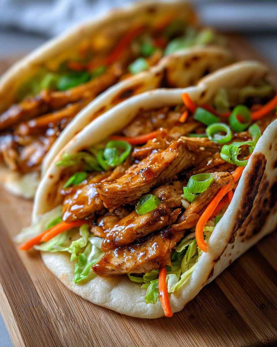 Sweet Honey Garlic Naan Chicken Tacos Win 5 Close-up of Honey Garlic Naan Chicken Tacos filled with shredded lettuce, shredded carrots, and garnished with green onions.