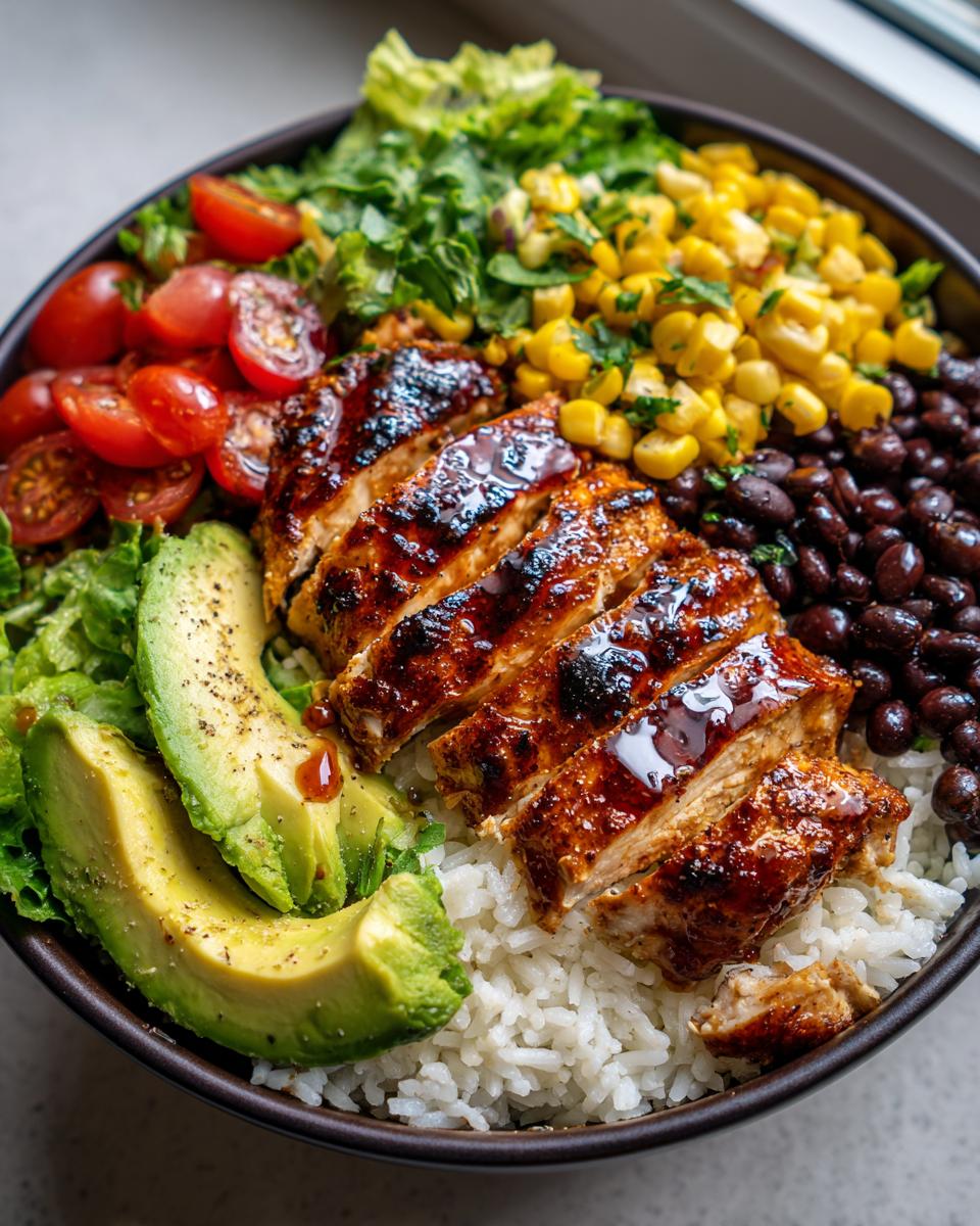 A vibrant Honey Lime Chicken Avocado Bowl with sliced chicken, rice, avocado, corn, black beans, and cherry tomatoes.