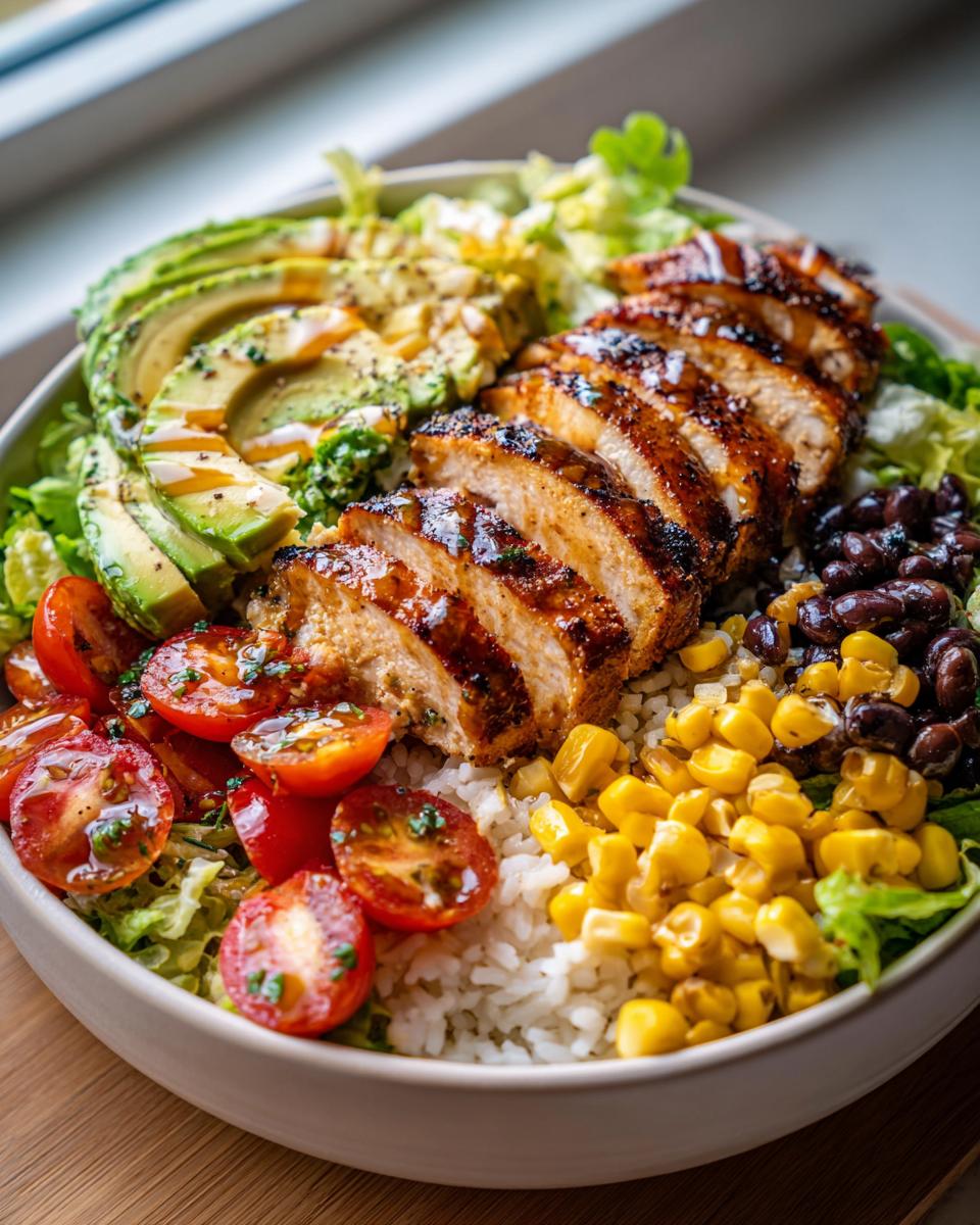 A vibrant Honey Lime Chicken Avocado Bowl with sliced grilled chicken, avocado, cherry tomatoes, corn, black beans, and rice.