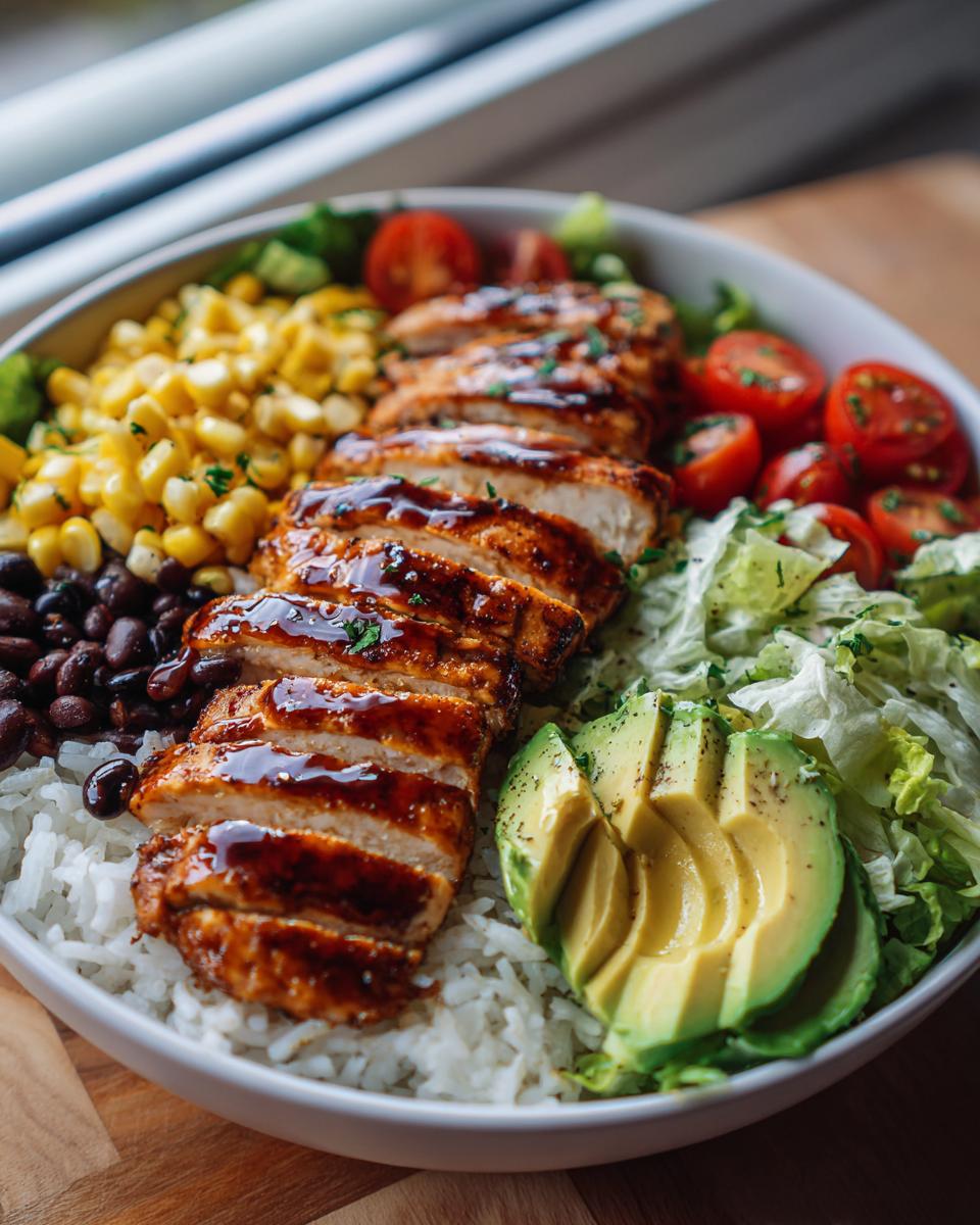 A vibrant Honey Lime Chicken Avocado Bowl with grilled chicken, rice, black beans, corn, tomatoes, lettuce, and avocado.