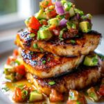 A stack of three perfectly grilled Honey Lime Chicken pieces topped with a fresh salsa of avocado, tomato, and red onion.