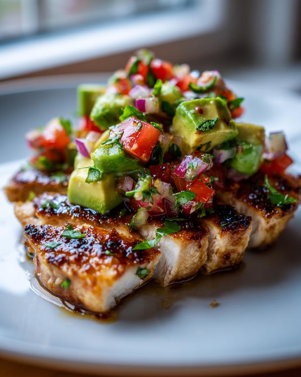 Honey Lime Chicken Avocado Stack: 30 Min Summer Meal 4 Close-up of a Honey Lime Chicken Avocado Stack Easy Summer Meal, featuring grilled chicken topped with fresh avocado, tomato, and red onion salsa.
