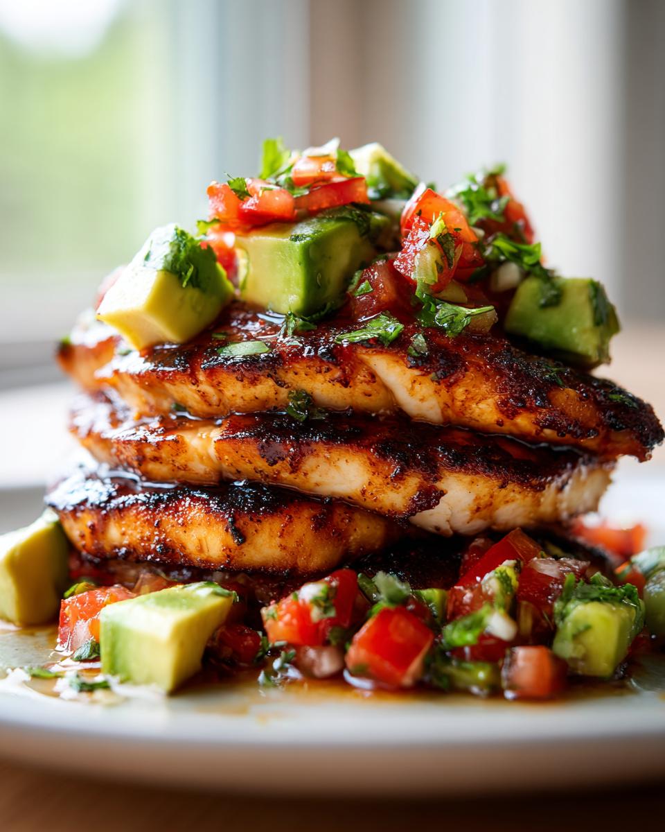 Honey Lime Chicken Avocado Stack: 30 Min Summer Meal 5 A stack of grilled Honey Lime Chicken topped with fresh avocado, tomato, and cilantro salsa. An easy summer meal.