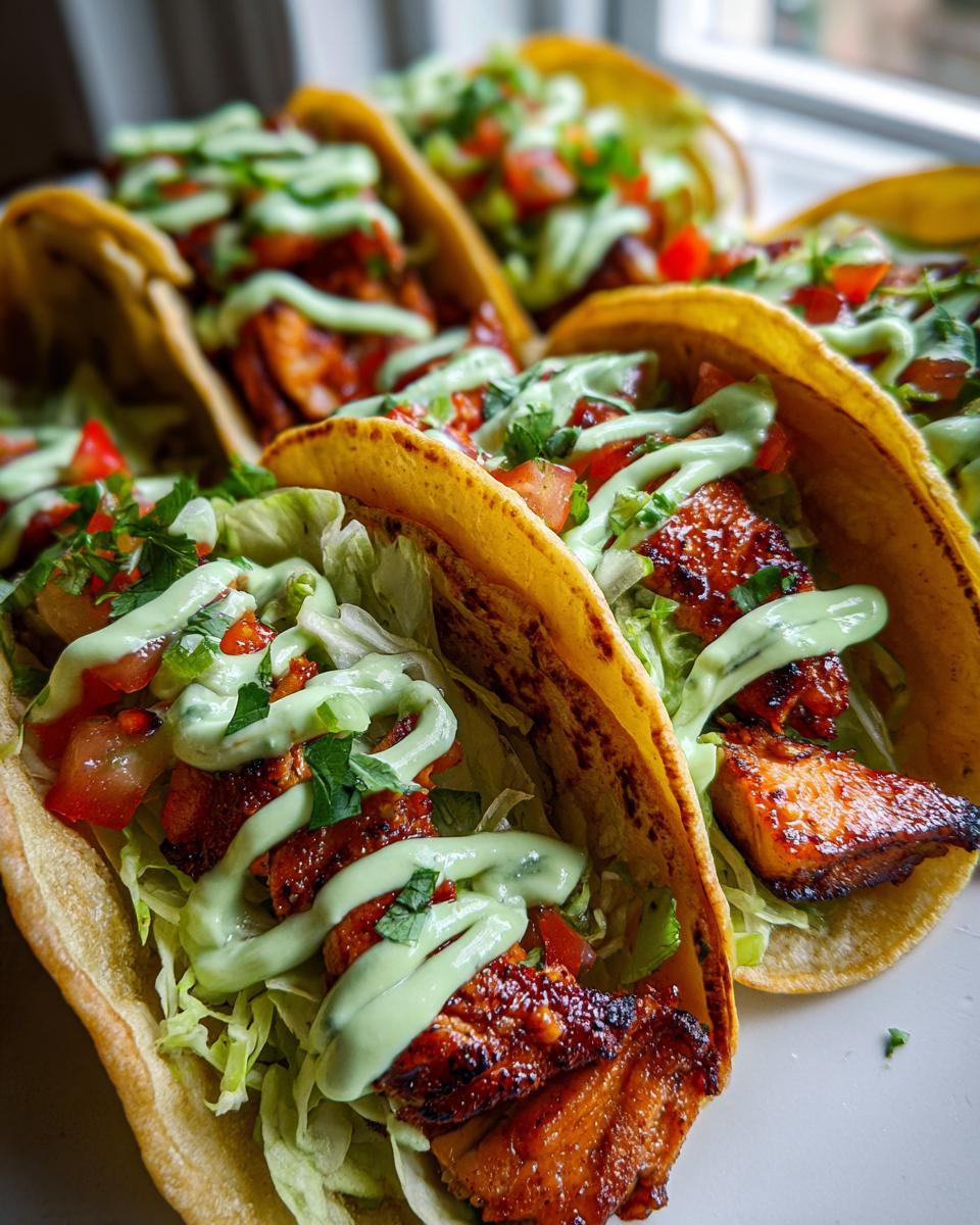 Close-up of Honey Lime Chicken Tacos topped with shredded lettuce, diced tomatoes, and a drizzle of avocado crema.