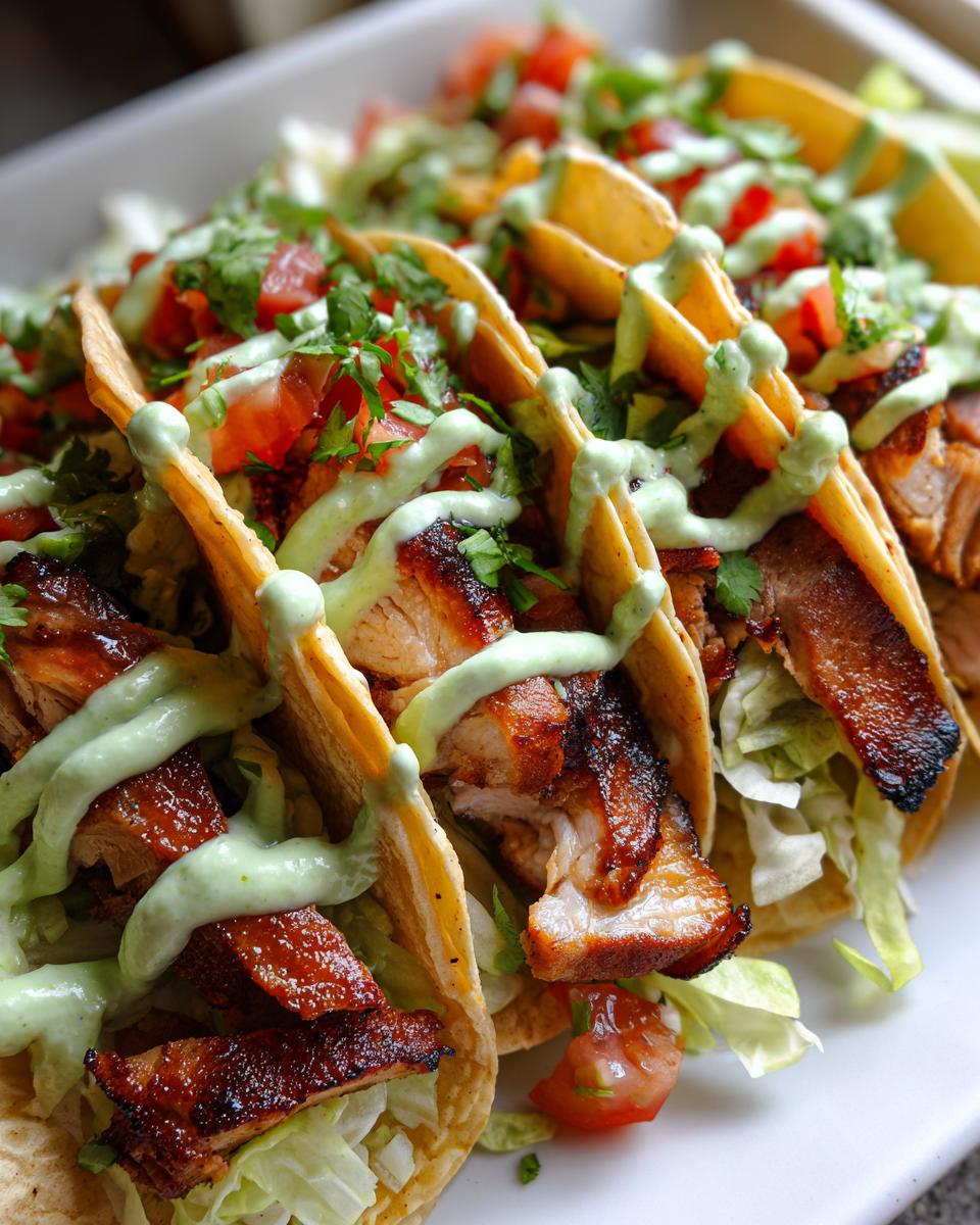 Close-up of Honey Lime Chicken Tacos topped with avocado crema, chopped tomatoes, and cilantro.