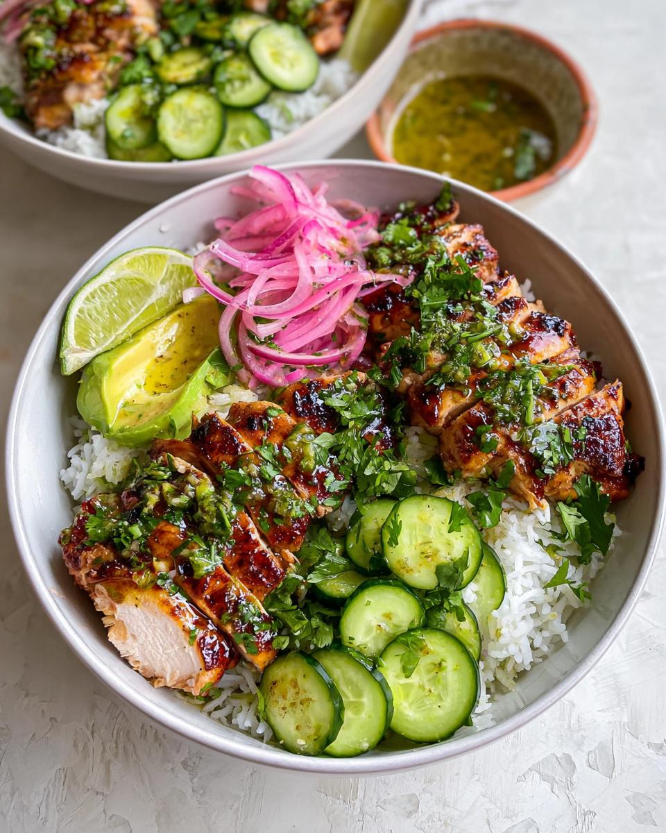Savory Honey Lime Cilantro Chicken Bowls 4 A vibrant bowl of Honey Lime Cilantro Chicken Bowls with sliced chicken, rice, avocado, cucumber, and pickled onions.