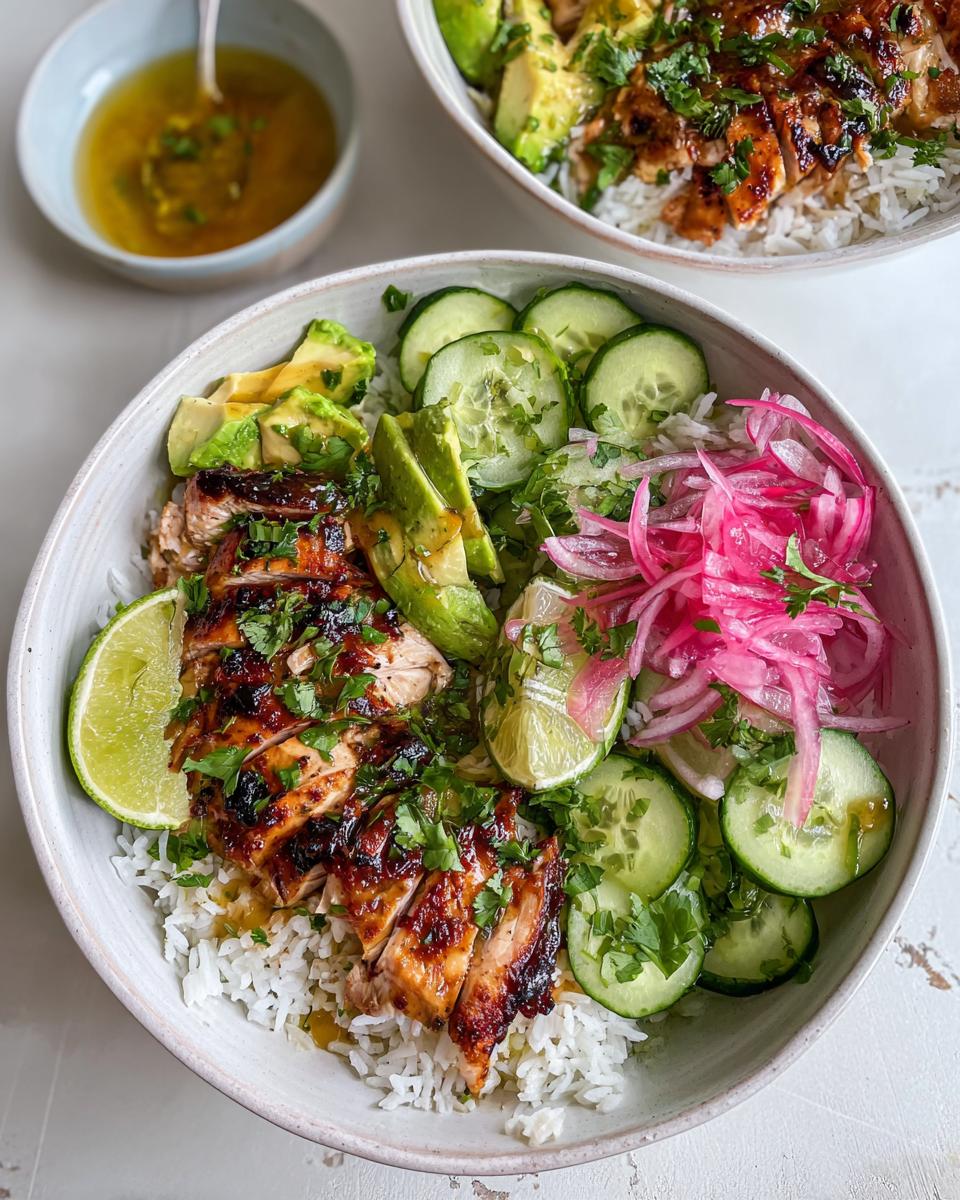 Savory Honey Lime Cilantro Chicken Bowls 5 Close-up of a Honey Lime Cilantro Chicken Bowl with sliced grilled chicken, rice, avocado, cucumber, pickled red onions, and lime wedges.