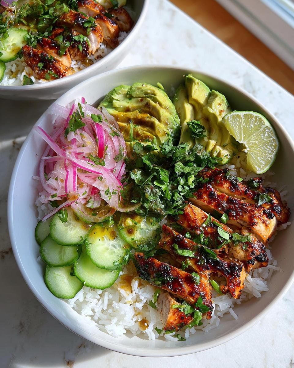 Close-up of a Honey Lime Cilantro Chicken Bowl featuring sliced grilled chicken, rice, avocado, cucumber, and pickled red onions.