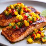 Close-up of two perfectly cooked Honey Lime Salmon fillets topped with vibrant Mango Salsa.