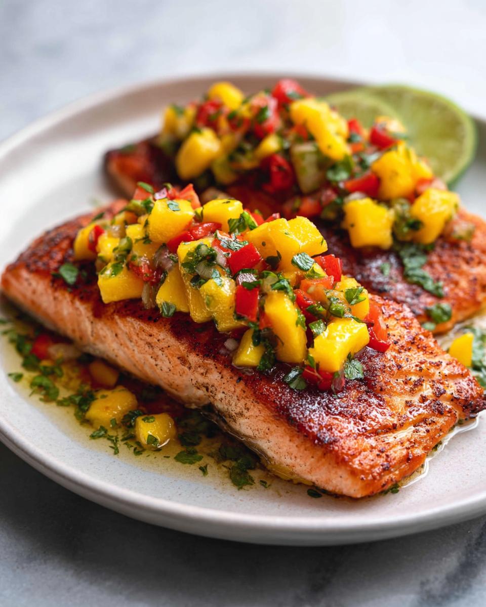 Two perfectly cooked fillets of Honey Lime Salmon topped with vibrant fresh mango salsa.