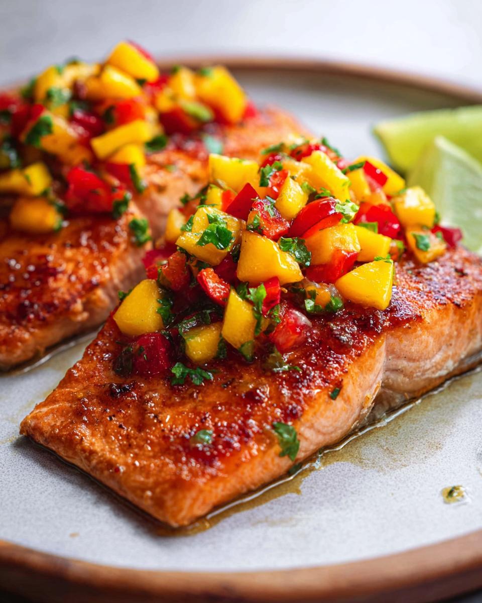 Close-up of Honey Lime Salmon topped with fresh mango salsa and lime wedges on a plate.