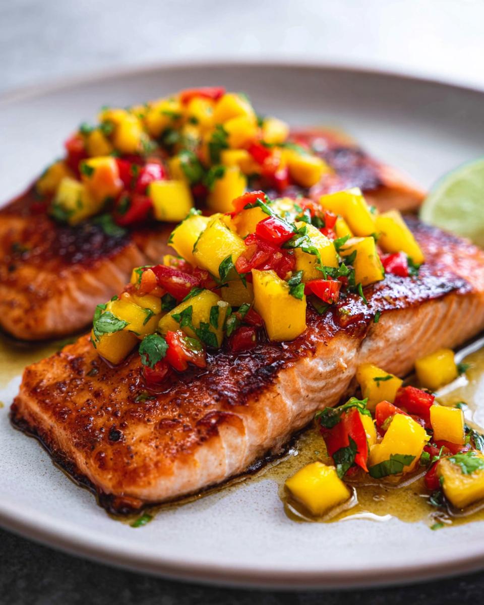 Close-up of two perfectly cooked Honey Lime Salmon fillets topped with vibrant mango salsa.