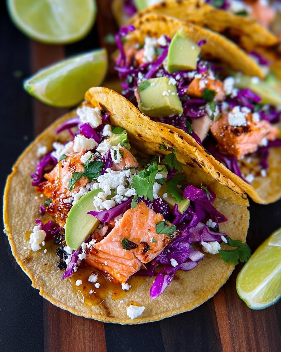 Quick Honey Lime Salmon Tacos: 25 Min Dinner 4 Close-up of delicious Honey Lime Salmon Tacos topped with avocado, crumbled cheese, red cabbage, and cilantro.
