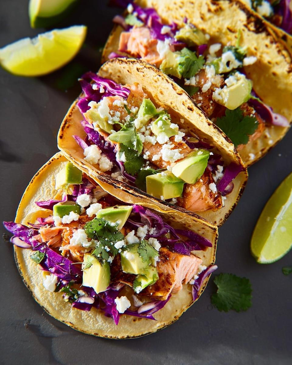Quick Honey Lime Salmon Tacos: 25 Min Dinner 5 Close-up of three Honey Lime Salmon Tacos filled with flaked salmon, red cabbage, avocado, and crumbled cheese.