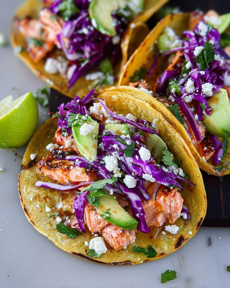 Close-up of Honey Lime Salmon Tacos filled with flaky salmon, avocado, red cabbage, and crumbled cheese.