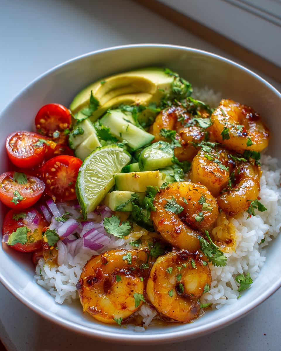 A vibrant Honey Lime Shrimp Avocado Bowl filled with rice, shrimp, avocado, tomatoes, cucumber, red onion, and lime.