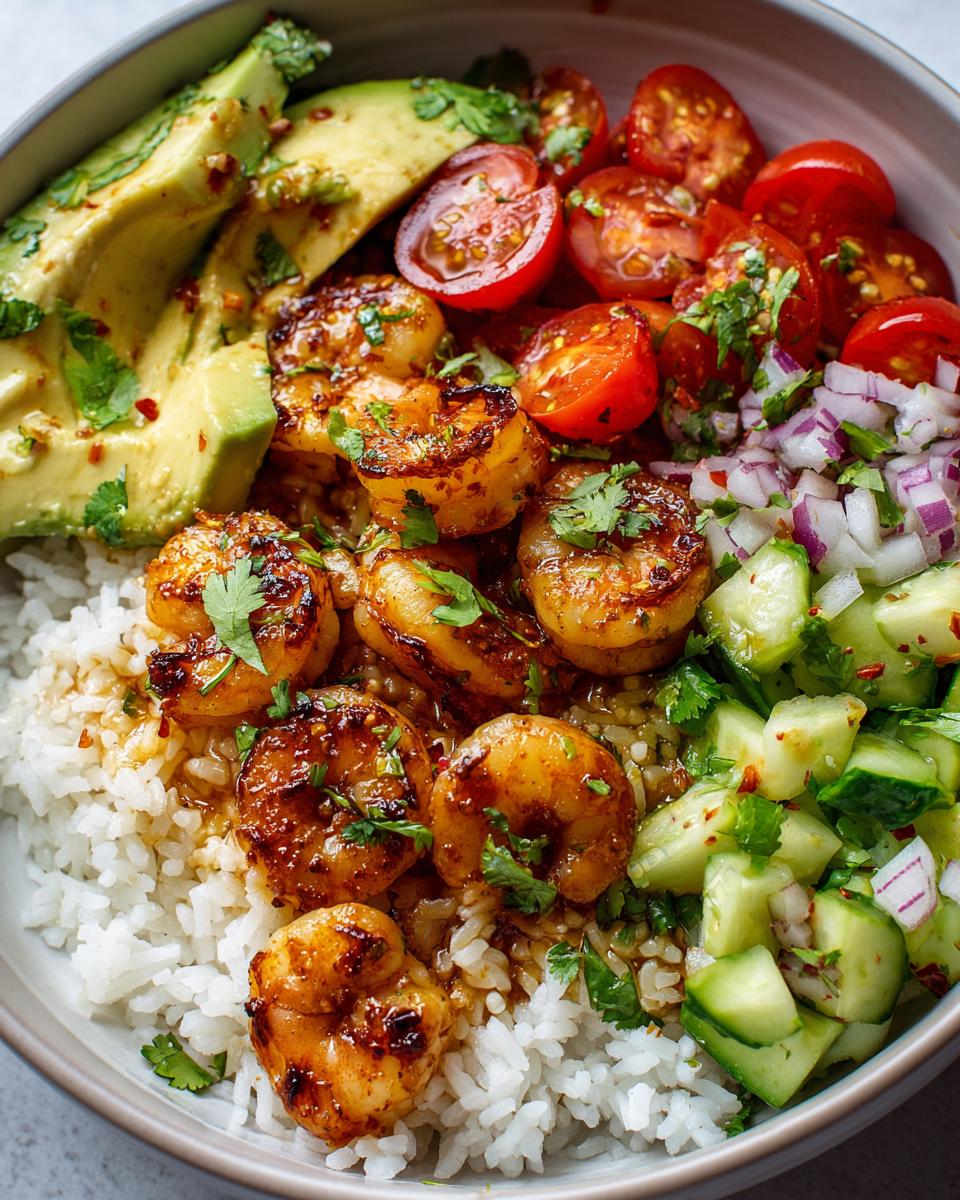 A vibrant Honey Lime Shrimp Avocado Bowl Easy Fresh Dinner with rice, shrimp, avocado, tomatoes, cucumber, and red onion.