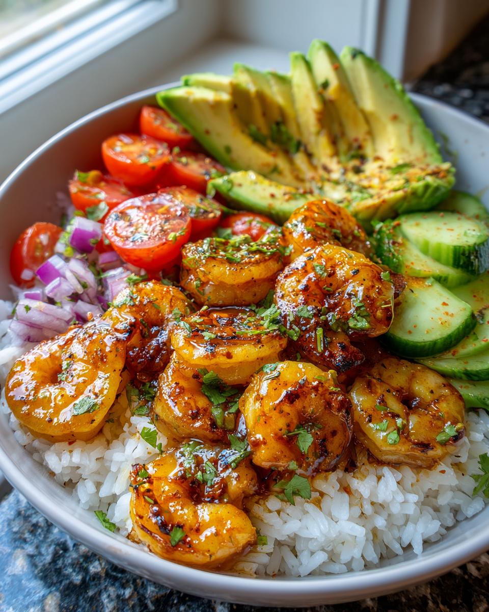 Close-up of a Honey Lime Shrimp Avocado Bowl with rice, shrimp, avocado, tomatoes, cucumbers, and red onion.