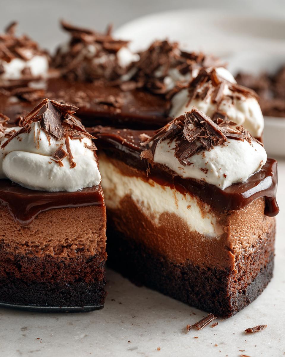 Decadent Hot Fudge Sundae Brownie Cheesecake 4 A decadent slice of Hot Fudge Sundae Brownie Cheesecake topped with whipped cream and chocolate shavings.