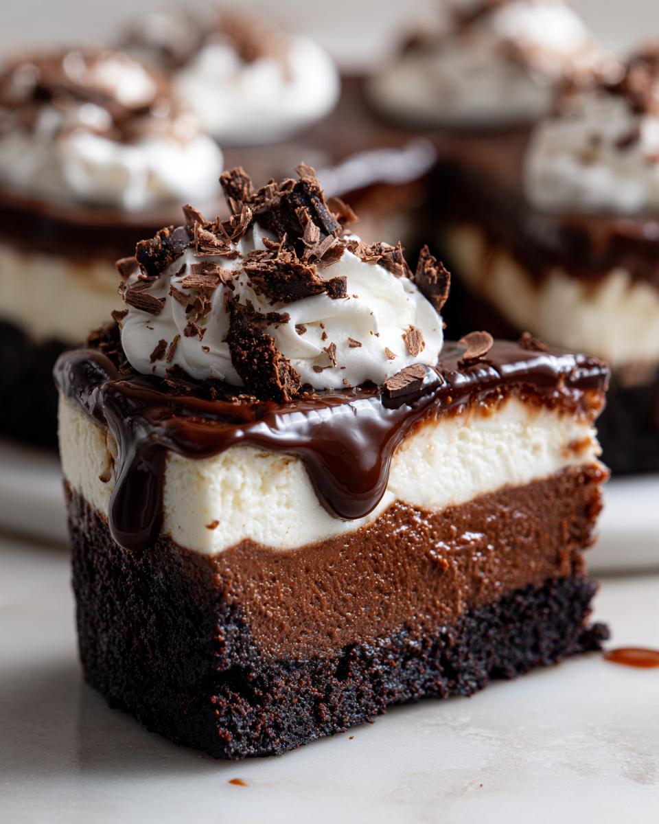 Decadent Hot Fudge Sundae Brownie Cheesecake 5 A rich slice of Hot Fudge Sundae Brownie Cheesecake with layers of brownie, chocolate mousse, cheesecake, hot fudge, and whipped cream.