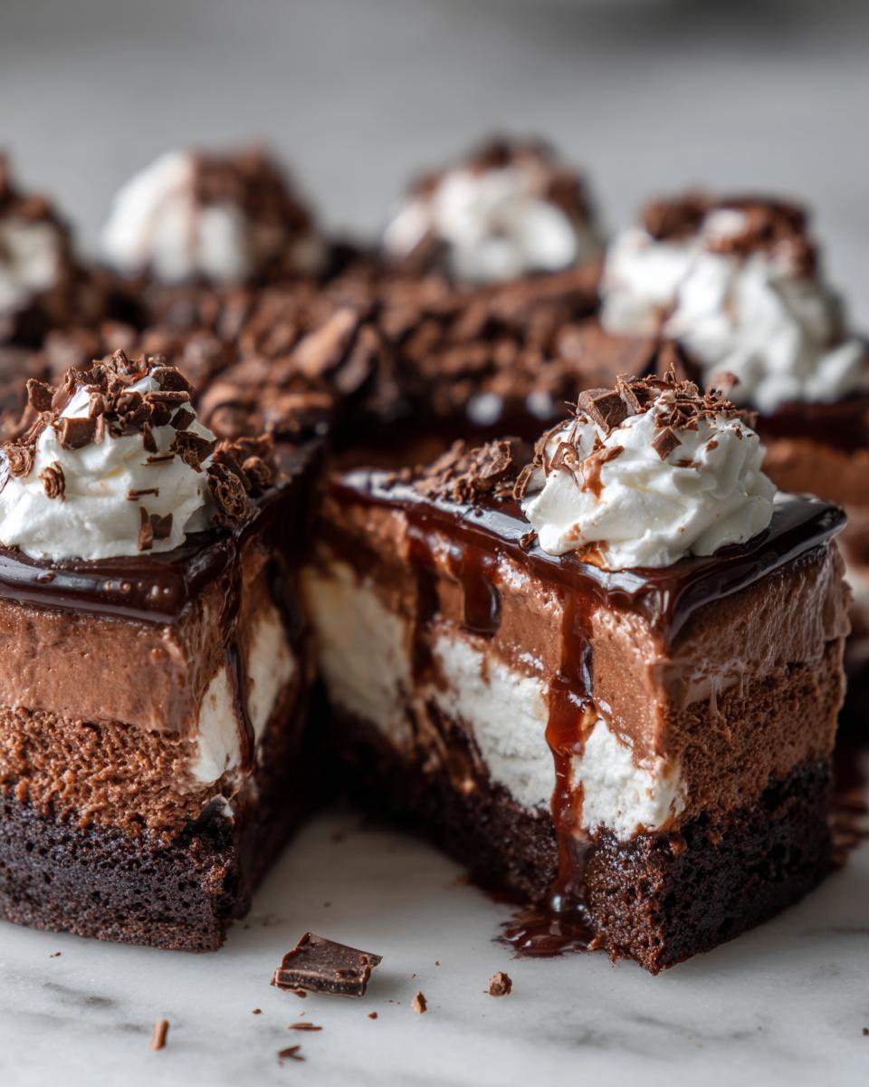 A slice of decadent Hot Fudge Sundae Brownie Cheesecake with layers of chocolate mousse, cheesecake, brownie, and whipped cream.