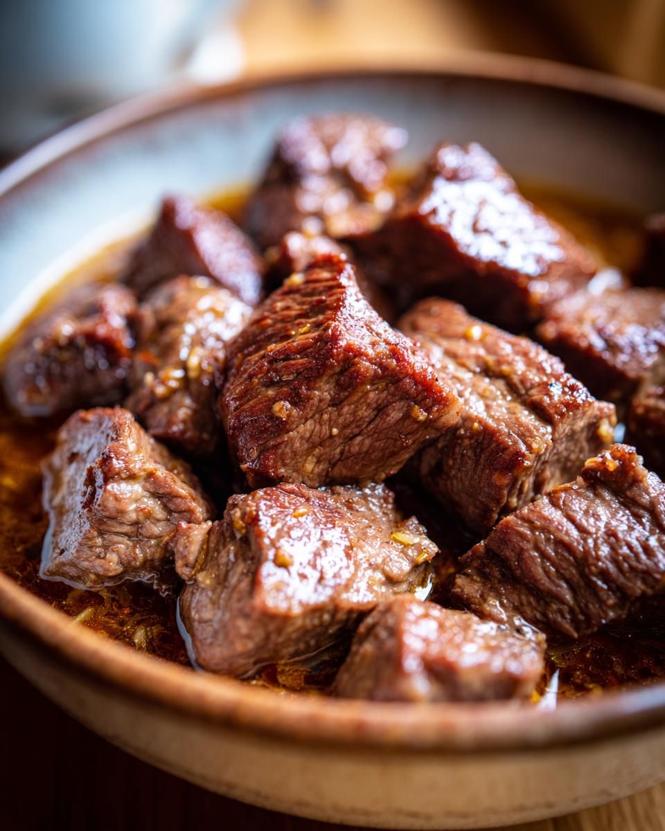 Close-up of Irresistible Crockpot Steak Bites cooked in a savory sauce in a rustic bowl.