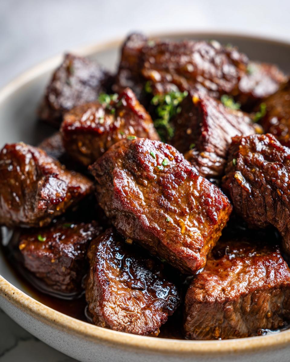 Close-up of Irresistible Crockpot Steak Bites, glistening with sauce and garnished with herbs in a bowl.