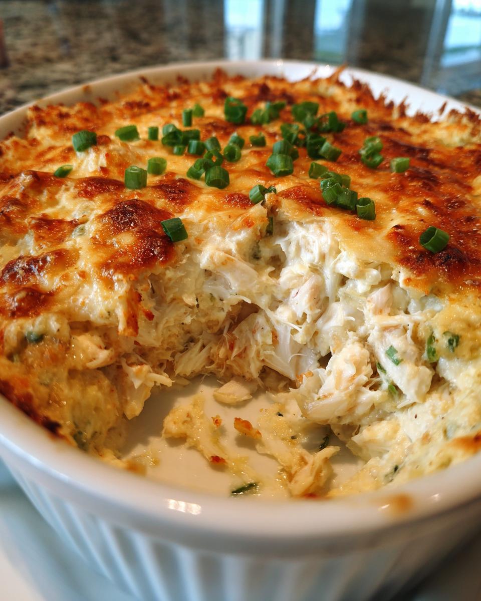 A close-up of bubbly, cheesy Joe's Crab Shack Inspired Crab Dip topped with fresh green onions.