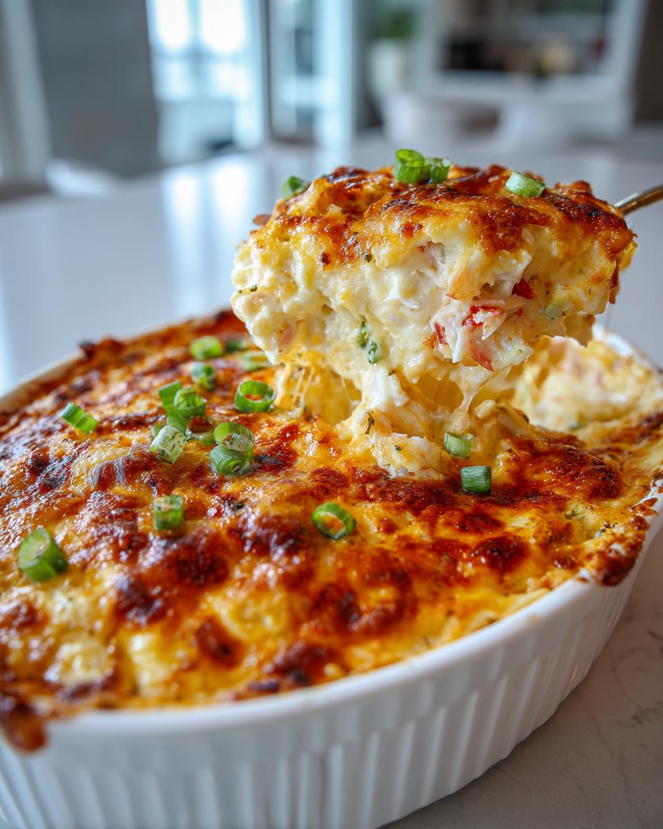 A spoonful of creamy Joe's Crab Shack Inspired Crab Dip, topped with melted cheese and green onions.