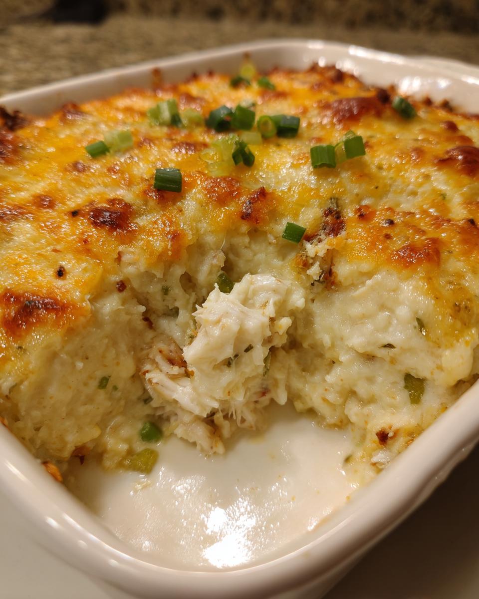 Close-up of bubbling Joe's Crab Shack Inspired Crab Dip with melted cheese and green onions.