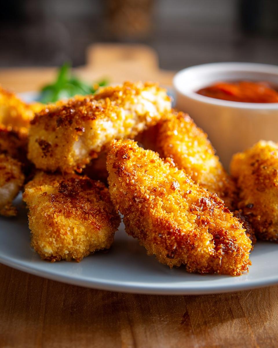 A close-up of golden-brown, crispy Keto Air Fryer Chicken Tenders on a plate with a dipping sauce.