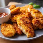 Golden brown Keto Air Fryer Chicken Tenders served on a grey plate with a small bowl of dipping sauce and basil garnish.