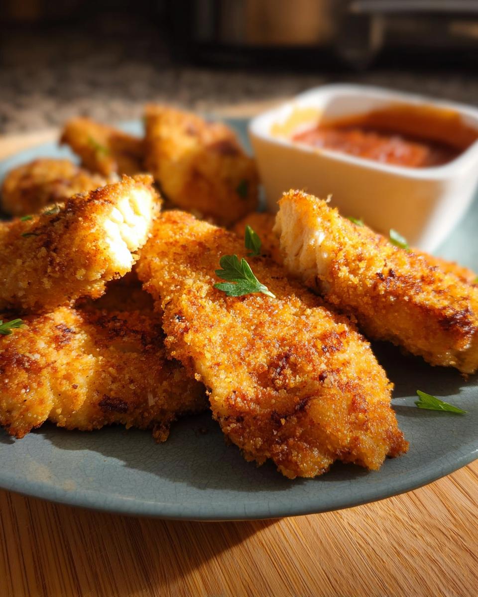 A plate of golden-brown, crispy Keto Air Fryer Chicken Tenders with a side of dipping sauce and parsley garnish.