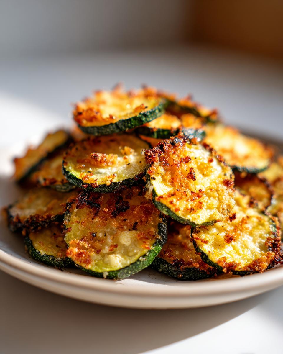 A close-up of a pile of crispy Keto Air Fryer Zucchini Chips on a plate, golden brown and seasoned.