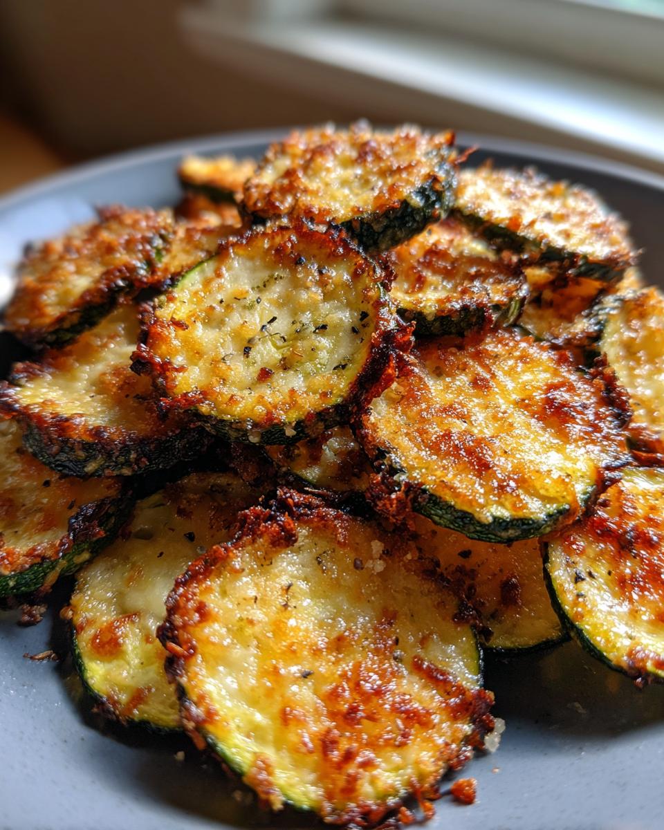 Close-up of a pile of golden-brown Keto Air Fryer Zucchini Chips on a dark plate, showing their crispy edges.