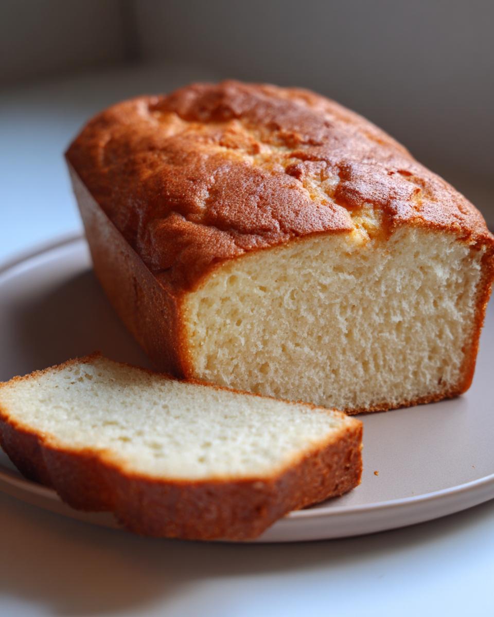 A perfectly baked Keto Bread Loaf, soft and fluffy, with a slice cut and placed in front.