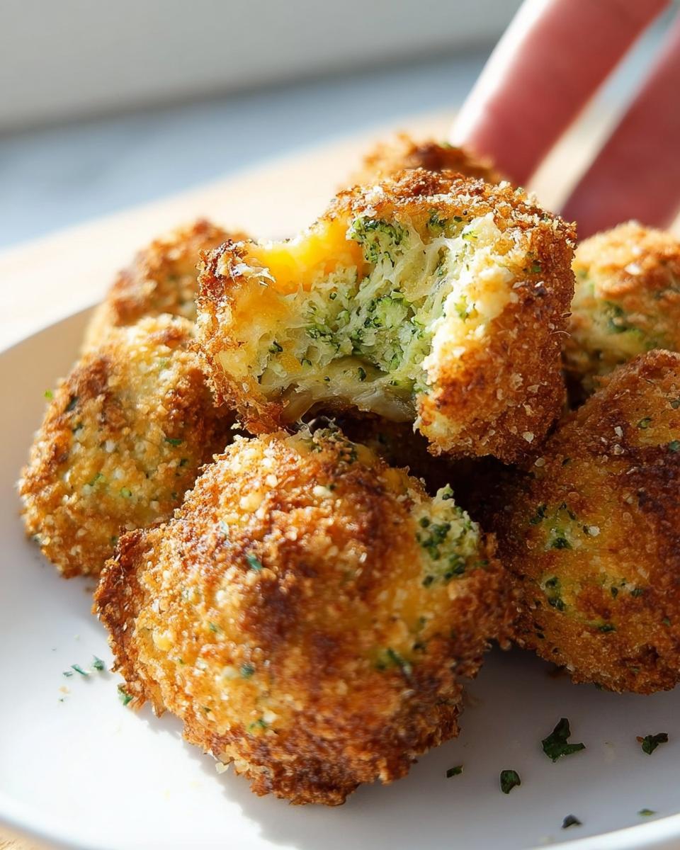A close-up of crispy Keto Broccoli Cheddar Bites, with one bite broken open to reveal the cheesy broccoli filling.