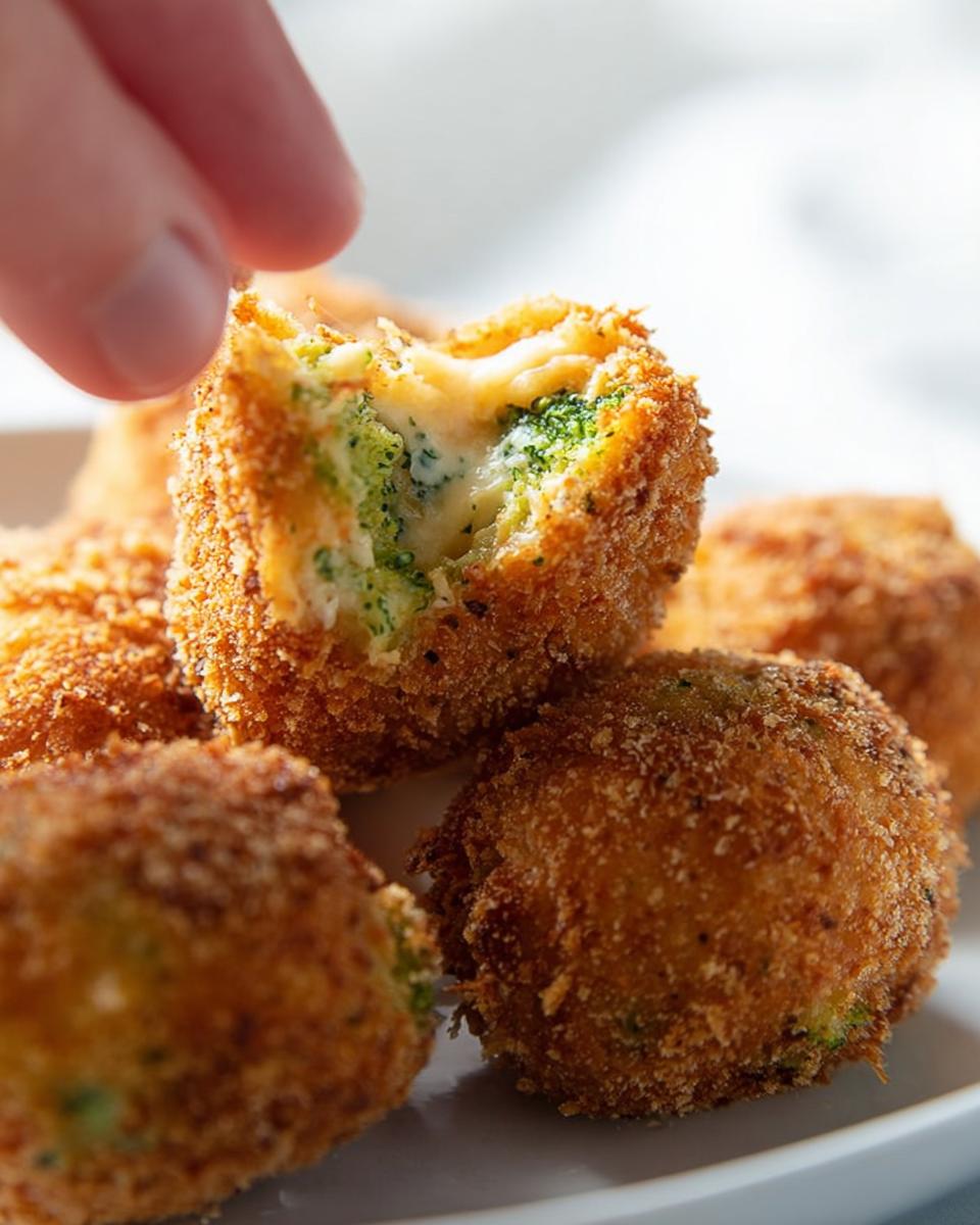 A hand reaching for a crispy Keto Broccoli Cheddar Bite, showing the gooey melted cheese inside.