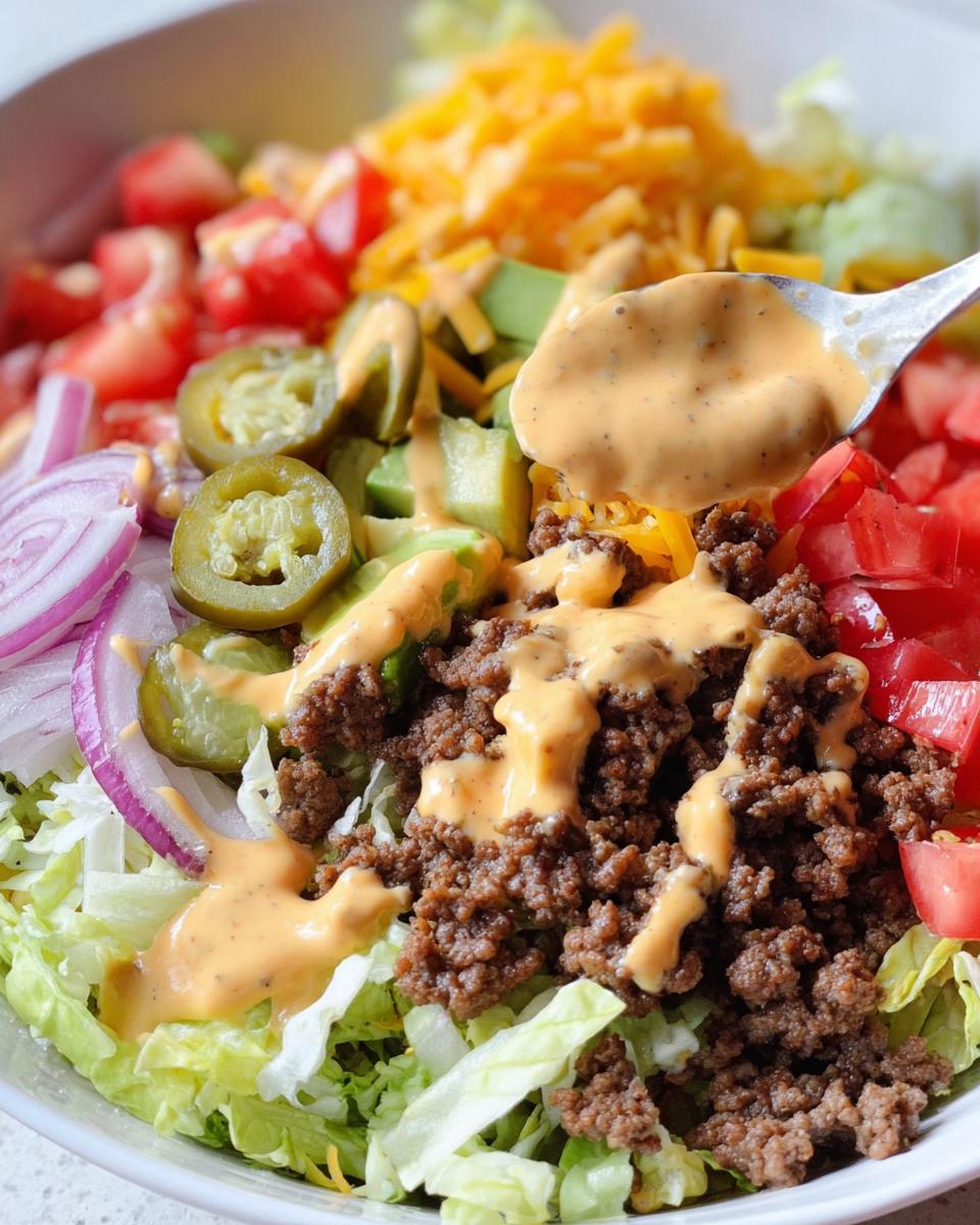 A close-up of a Keto Burger Bowl topped with seasoned ground beef, shredded cheese, tomatoes, avocado, red onion, jalapeños, and a drizzle of easy burger sauce.