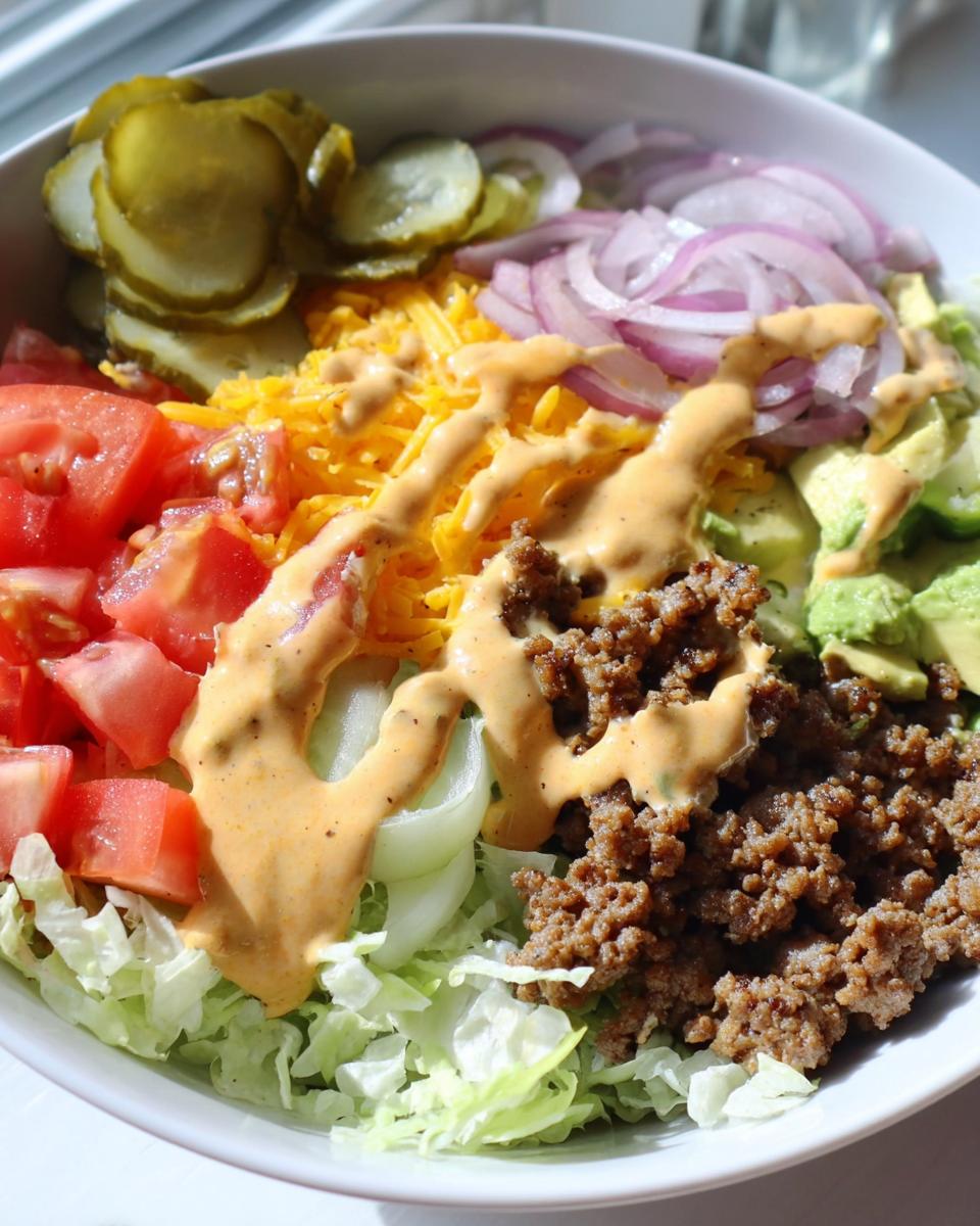 A delicious Keto Burger Bowl packed with seasoned ground beef, shredded cheese, tomatoes, pickles, red onion, avocado, and a drizzle of easy burger sauce.