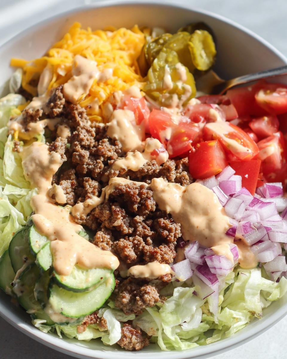A delicious Keto Burger Bowl filled with seasoned ground beef, shredded lettuce, tomatoes, red onion, pickles, cheese, and drizzled with easy burger sauce.