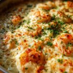 Close-up of bubbling Keto Garlic Shrimp Au Gratin topped with golden-brown cheese and fresh parsley.