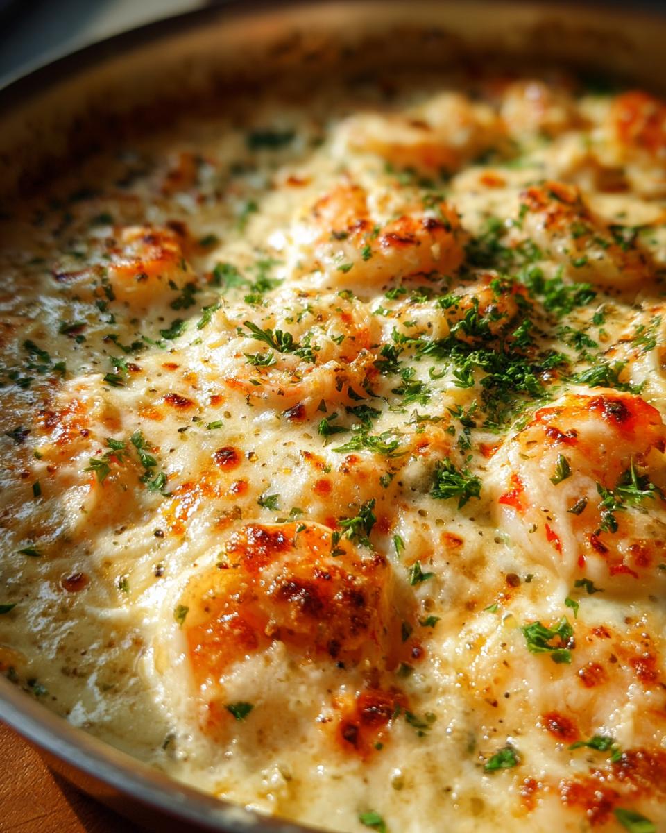 Close-up of bubbling Keto Garlic Shrimp Au Gratin in a pan, topped with melted cheese and fresh parsley.
