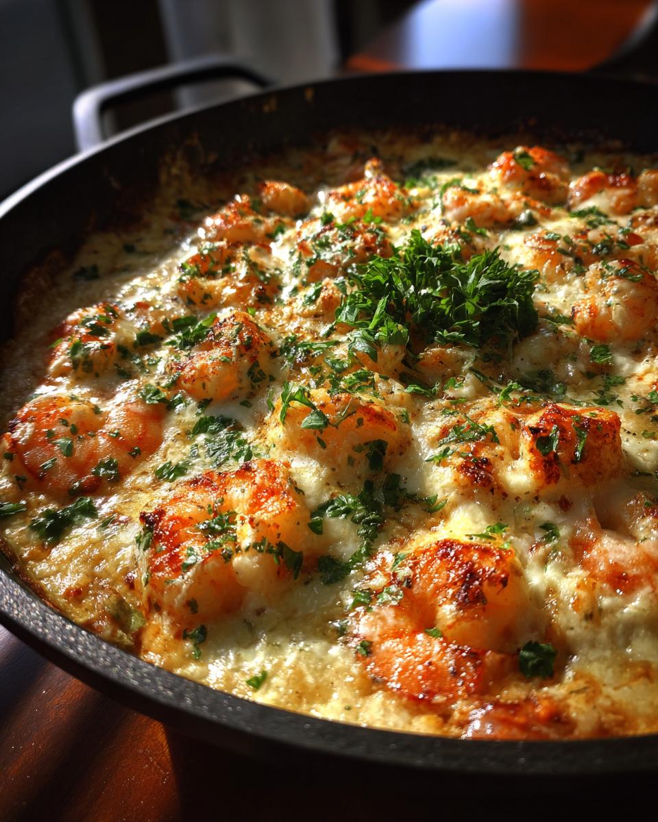Close-up of bubbling Keto Garlic Shrimp Au Gratin in a black skillet, topped with fresh parsley.