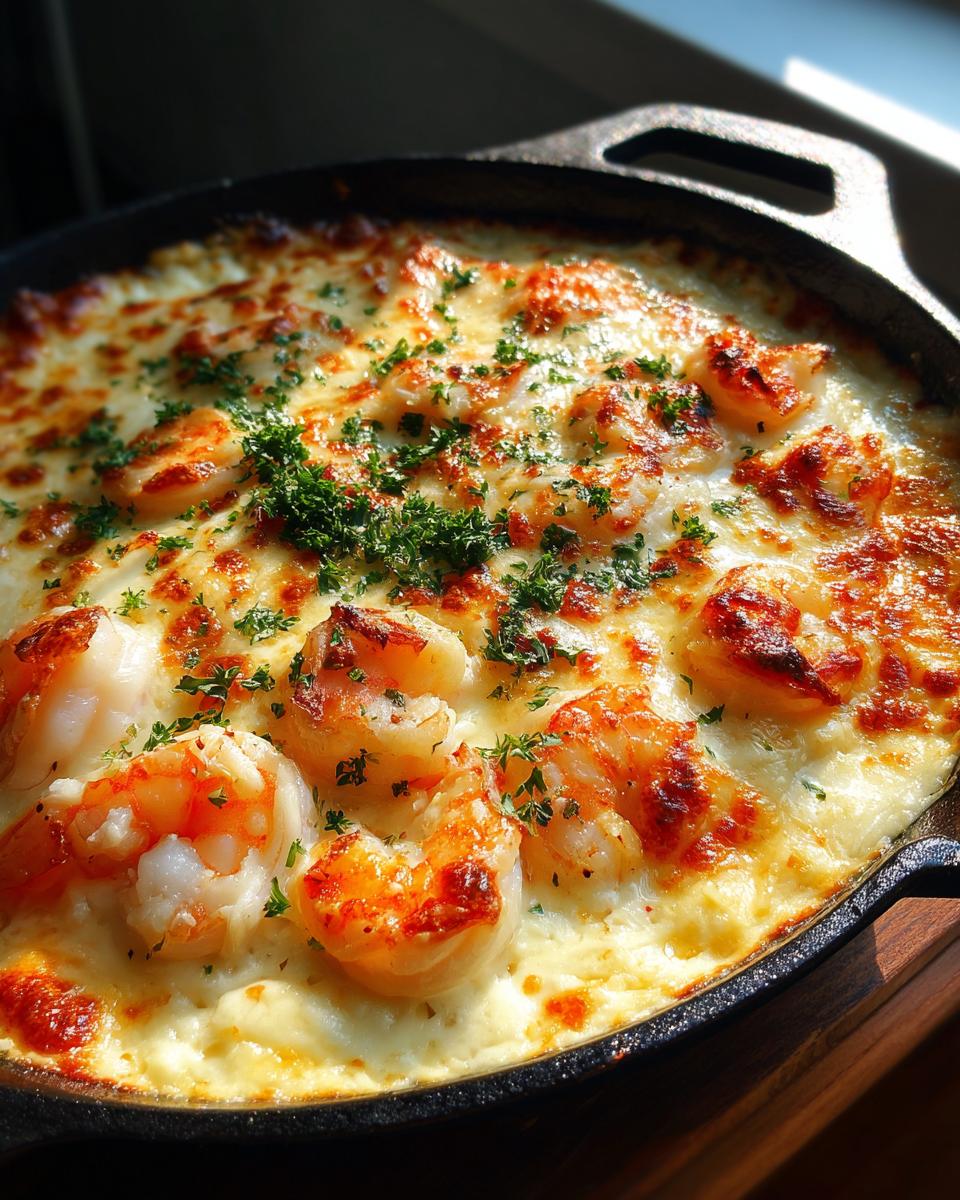 Close-up of bubbly Keto Garlic Shrimp Au Gratin baked in a cast iron skillet, topped with fresh parsley.