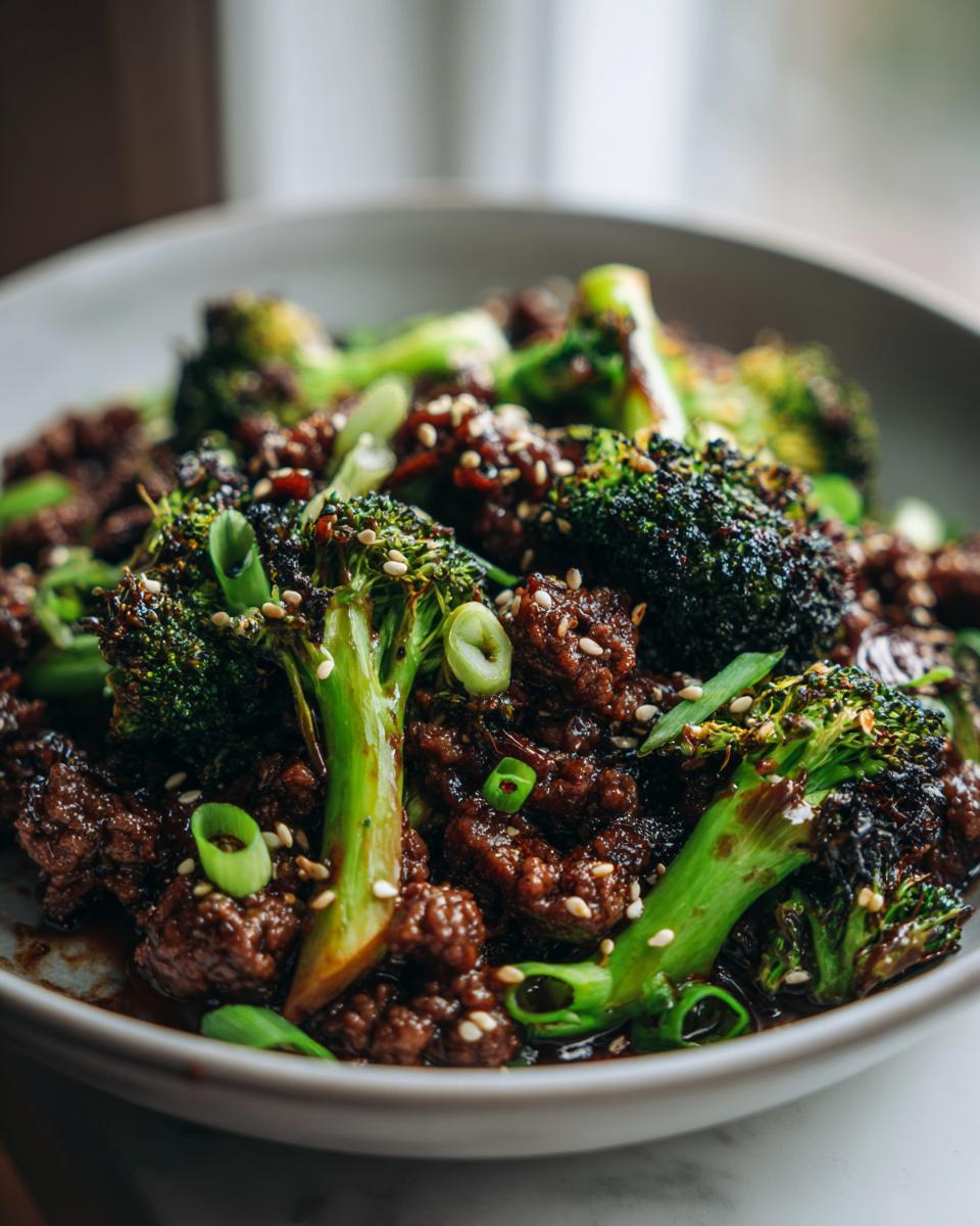 Close-up of a Keto Ground Beef and Broccoli Bowl with tender beef and roasted broccoli florets, garnished with sesame seeds and green onions.