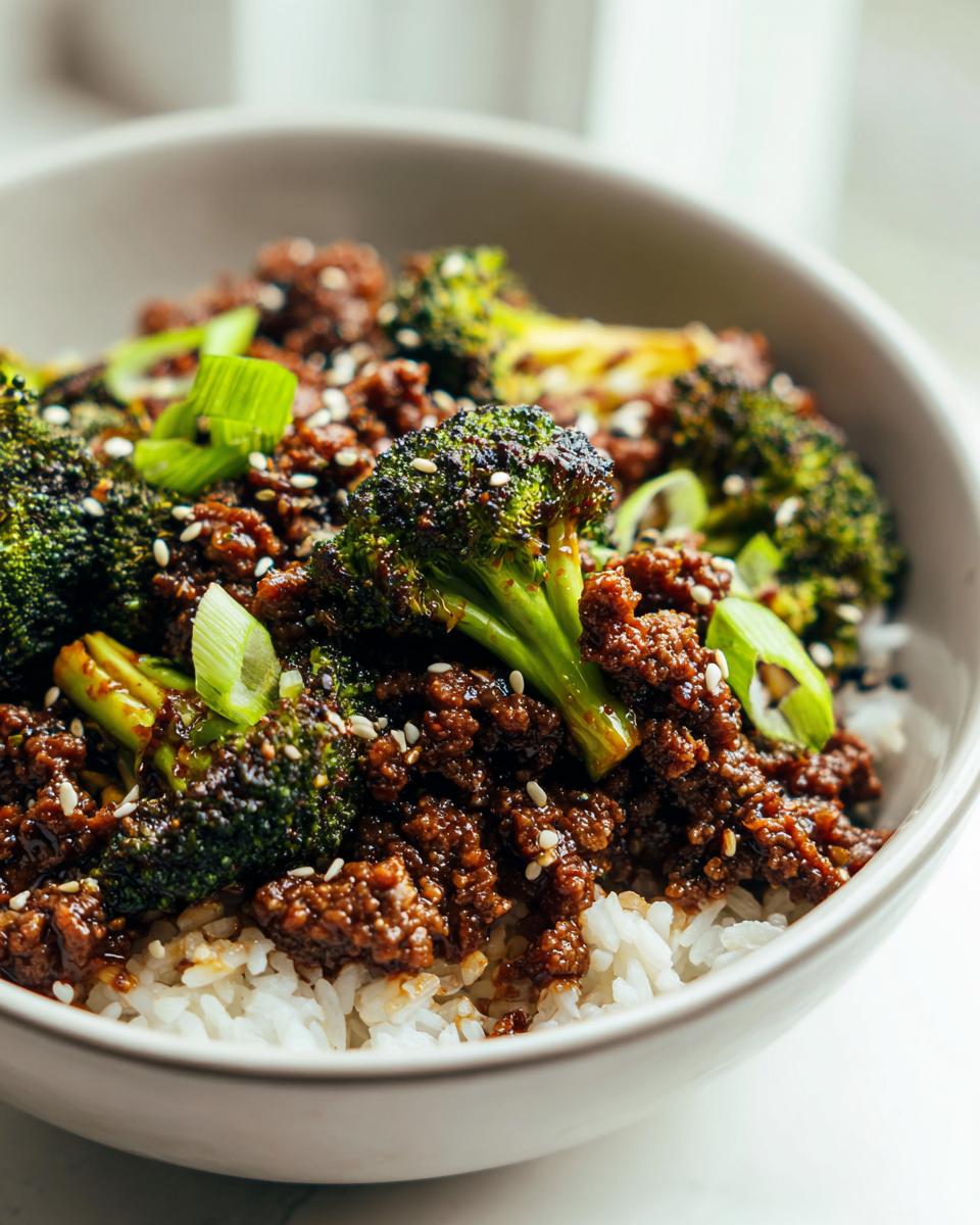 A close-up of a Keto Ground Beef and Broccoli Bowl, featuring seasoned ground beef, roasted broccoli florets, and white rice, garnished with sesame seeds and green onions.